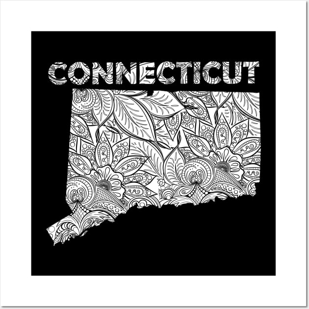 Mandala art map of Connecticut with text in white Wall Art by Happy Citizen